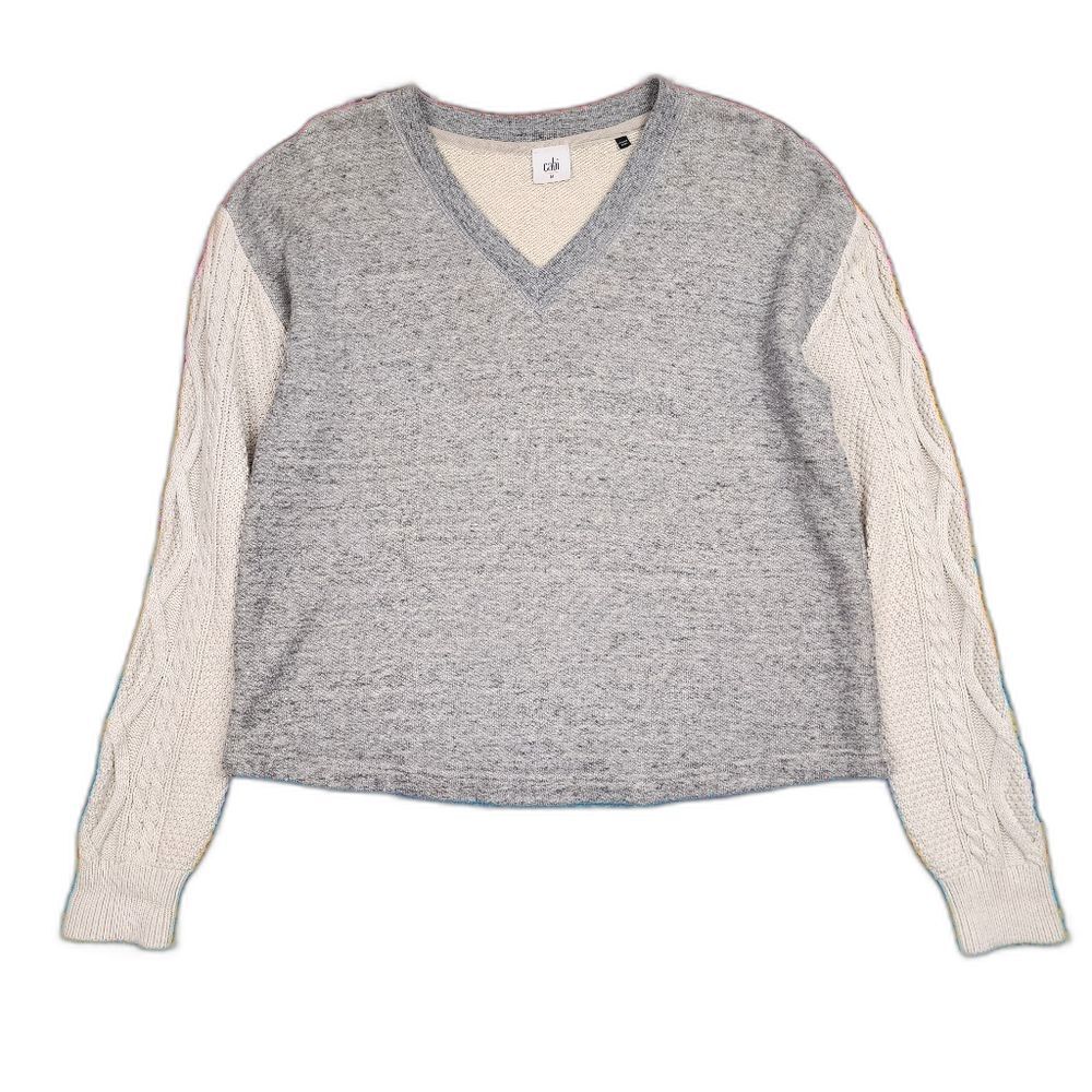 Cabi Top Fusion Mixed Media Sweatshirt Sweater Grey Cable Knit Sleeve Pullover M